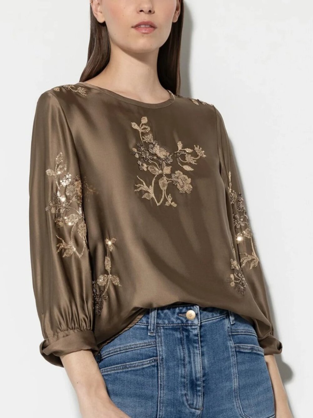 Luisa Cerano "Tobacco" Satin Floral-Sequin Blouse